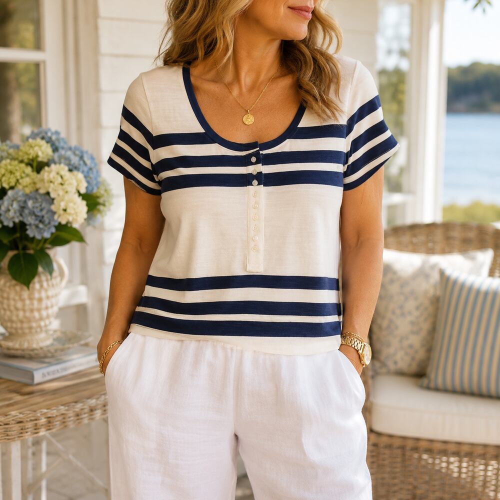 Leggiadro Navy Ivory Stripe Henley Top Size 3 (US 10) Quiet Luxury Coastal Chic